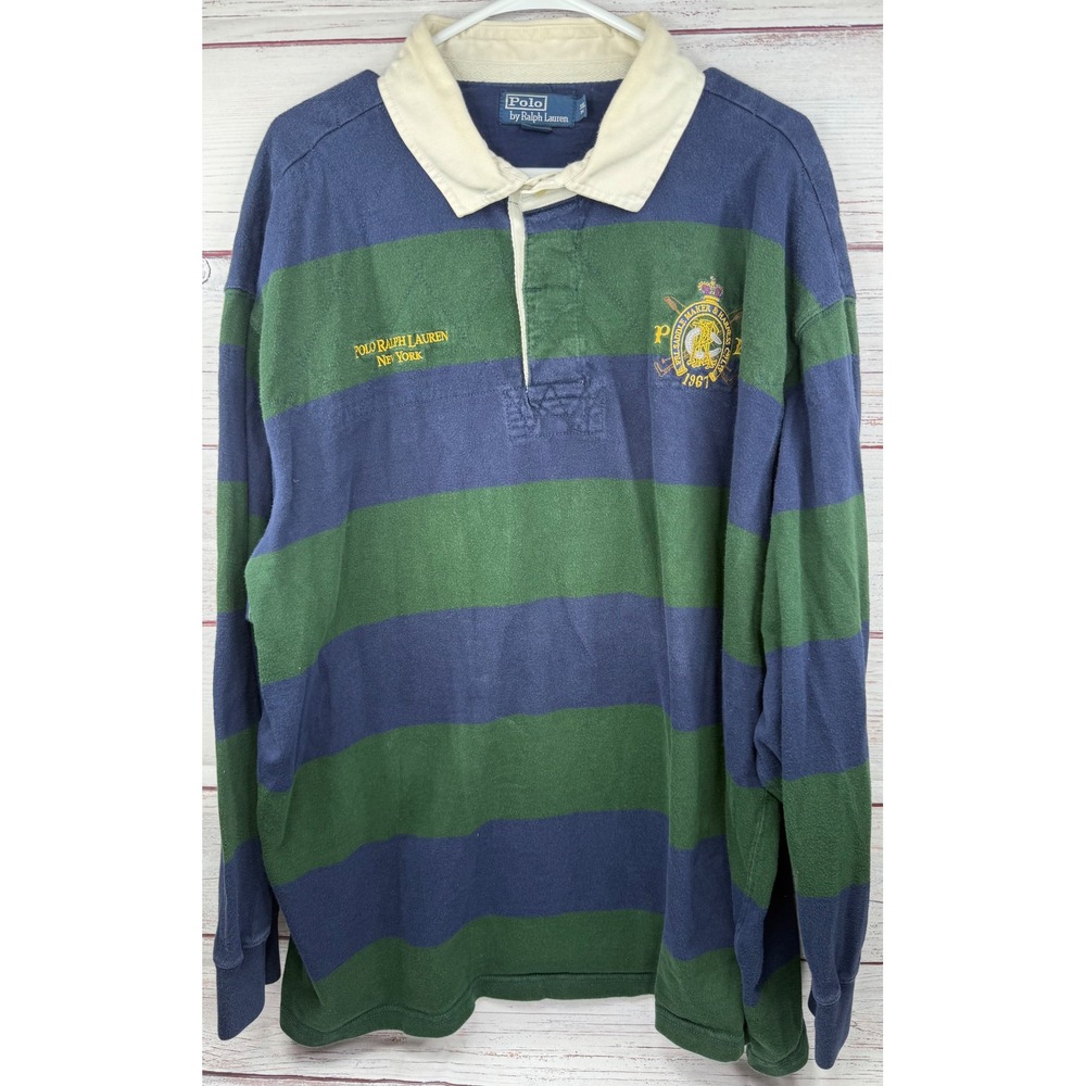 Polo Ralph Lauren Mens 3XL Big Rugby Shirt Green Navy Blue Striped Crest Quilted